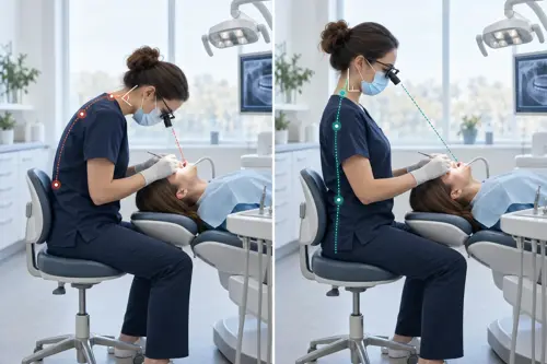 Sammenligning av belastende og ergonomisk arbeidsstilling med lupebriller