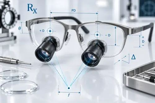 Lupebrille med Rx-korreksjon, pupillavstand og optiske målelinjer